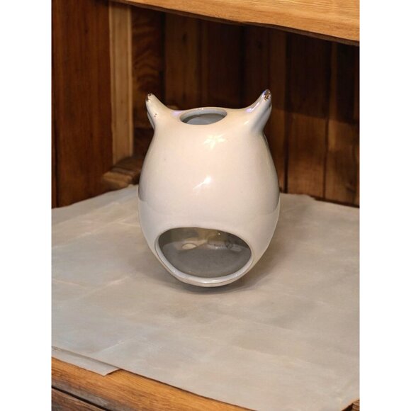 Vintage Ceramic Owl Candle Holder With Distressed Brown & White Finish - Picture 8 of 11